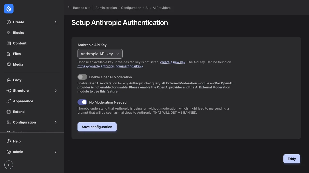 The Anthropic provider's settings with the key chosen.
