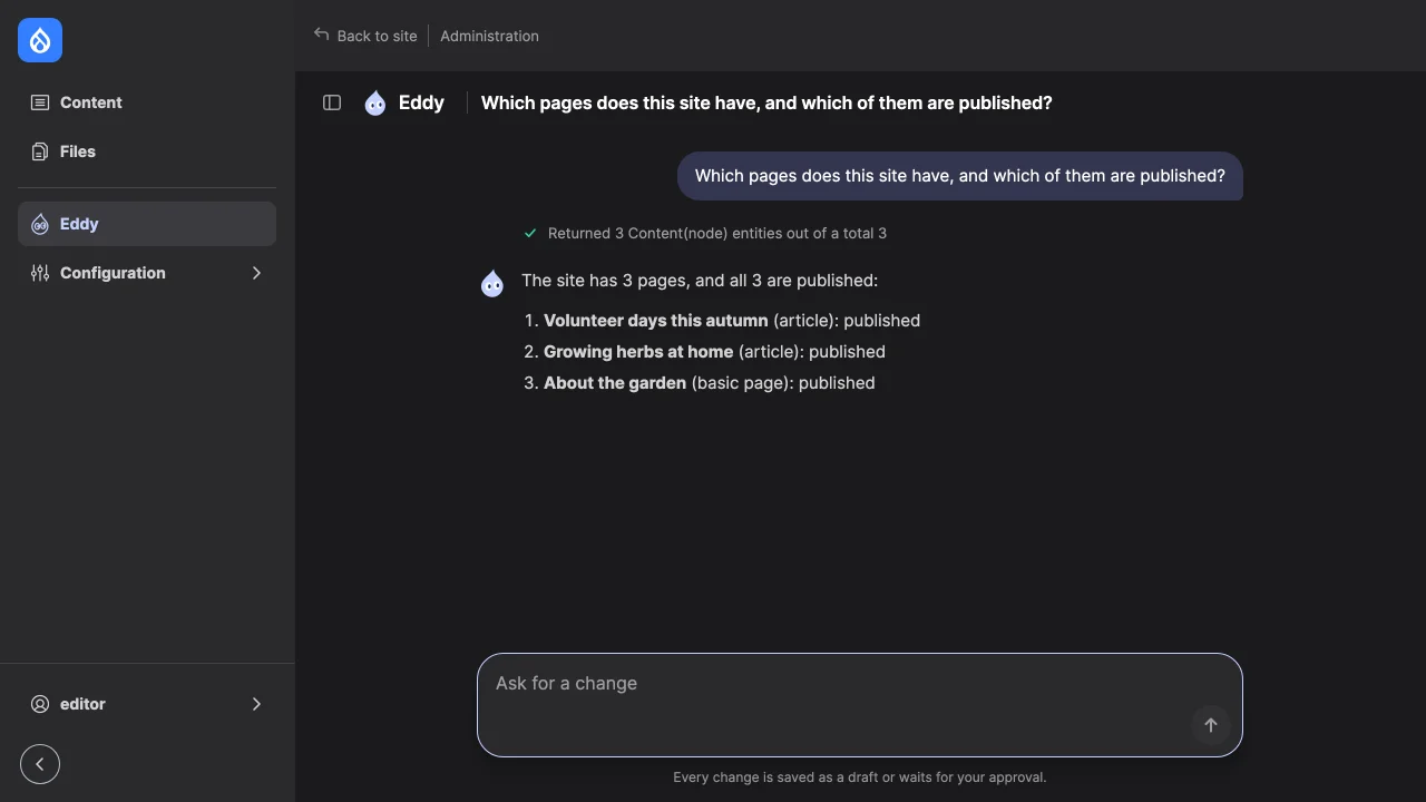 The agent lists the site's pages and whether each is published, after one read tool call.