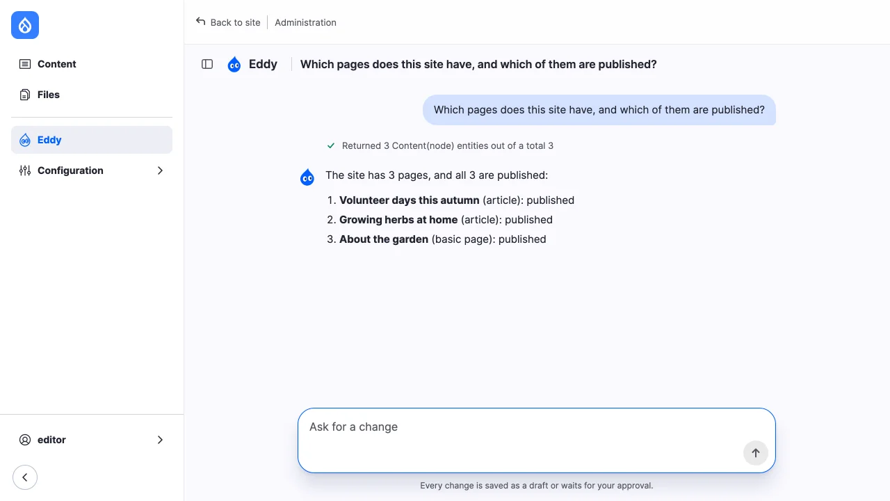 The agent lists the site's pages and whether each is published, after one read tool call.
