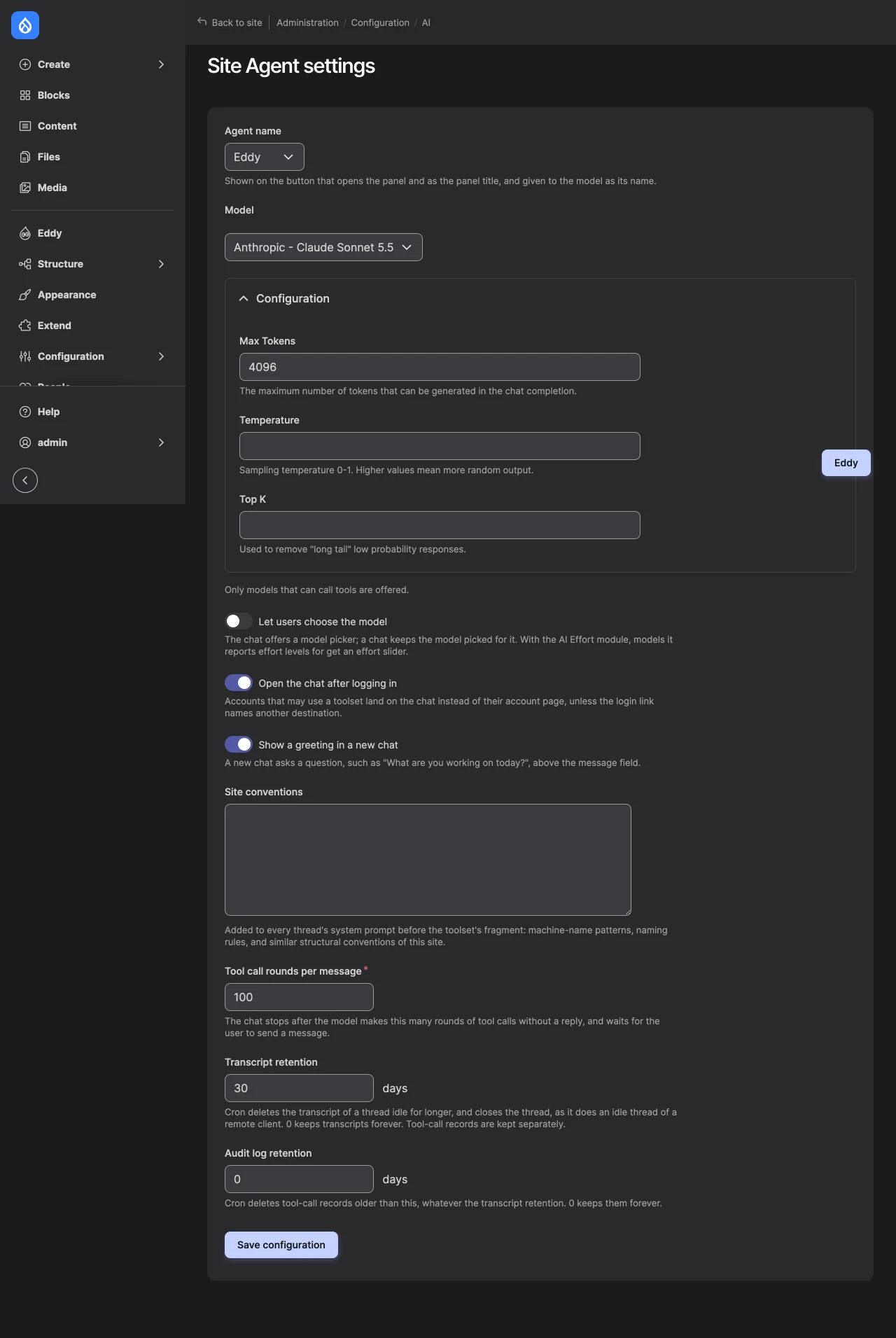 The Site Agent settings form with the model chosen.