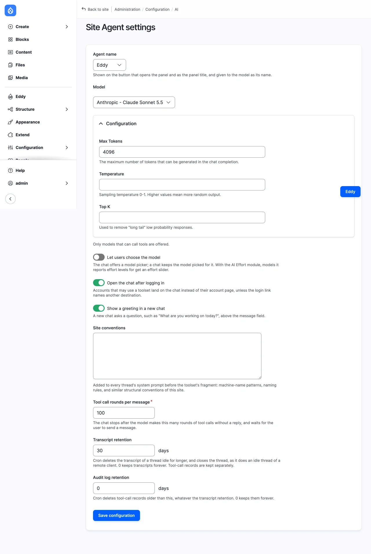The Site Agent settings form with the model chosen.