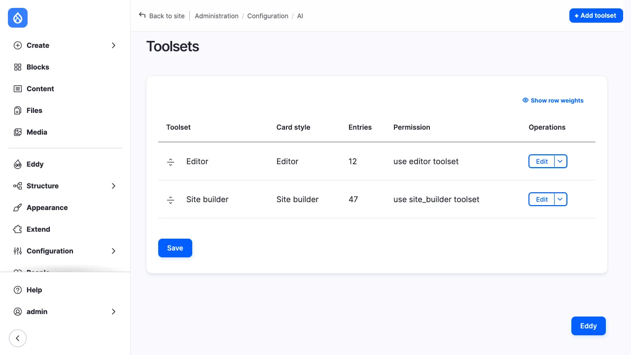 The toolsets list: Editor with 12 entries and Site builder with 47.