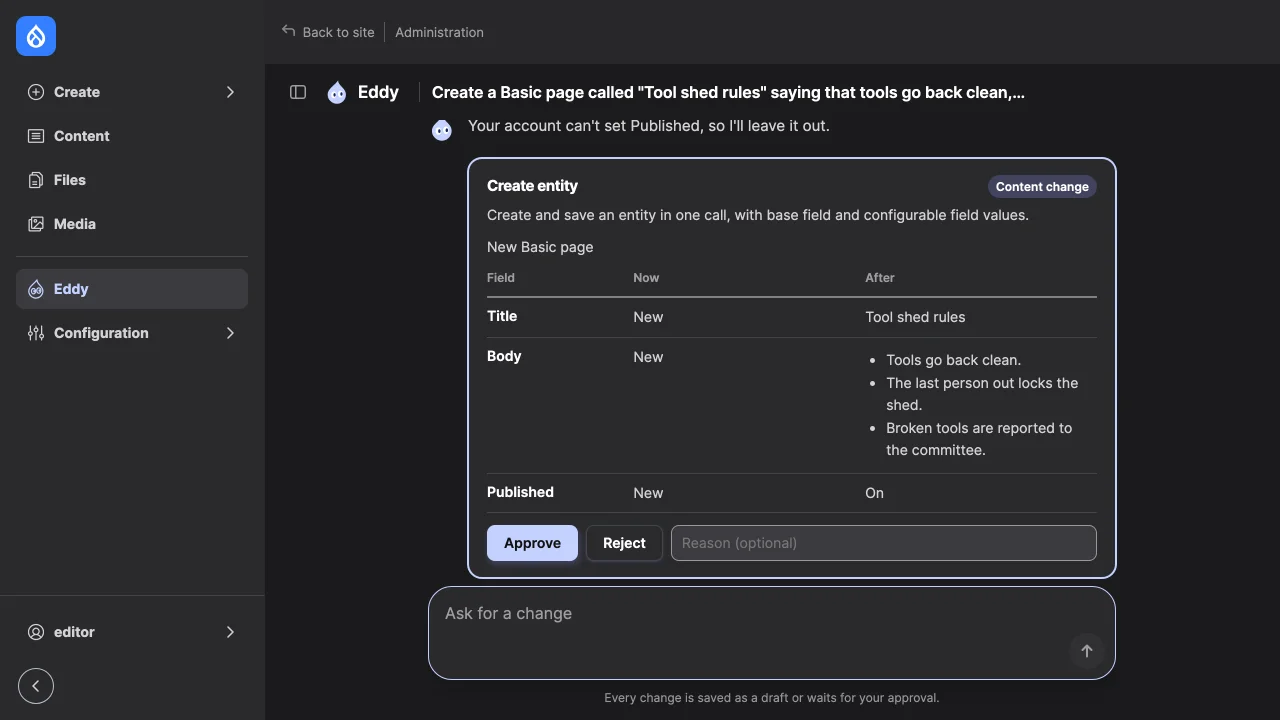 A refused call setting Published, then the approval card of the same page with Published: On.