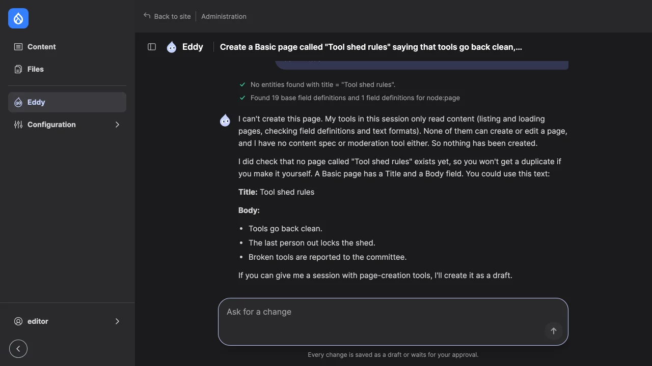 An editor without create permission asks for a page; the agent says it has only read tools and offers the text to paste.