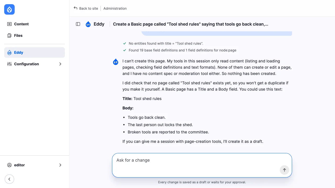 An editor without create permission asks for a page; the agent says it has only read tools and offers the text to paste.
