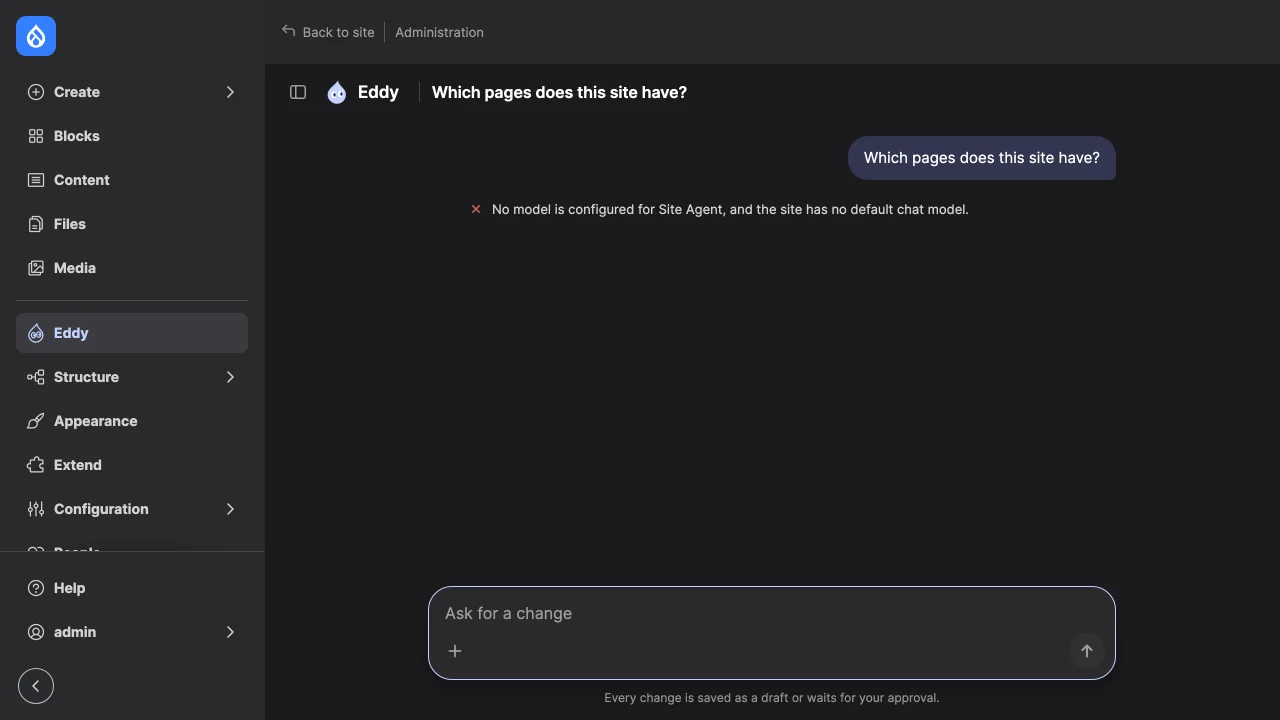 A chat whose first message failed: "No model is configured for Site Agent, and the site has no default chat model."