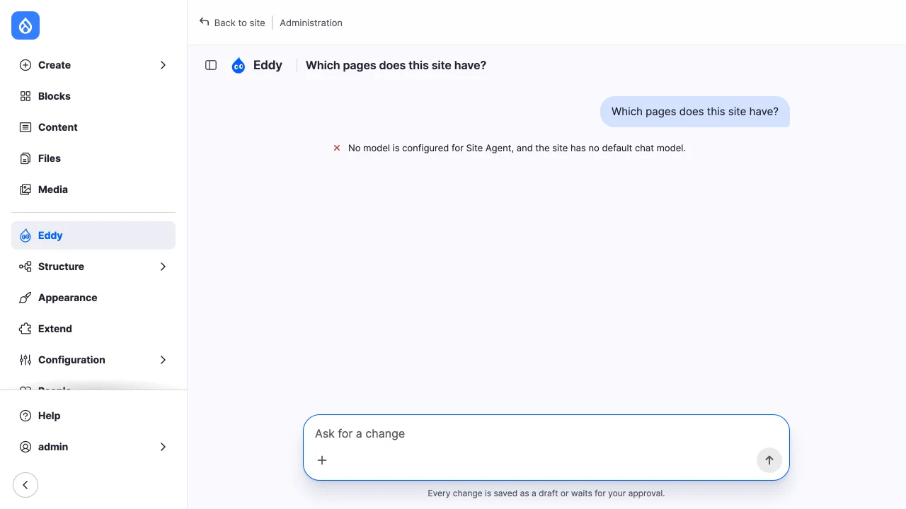 A chat whose first message failed: "No model is configured for Site Agent, and the site has no default chat model."