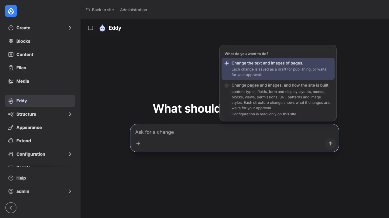 The "+" menu on a site without a private file system: the toolsets to choose from, and no Add image.