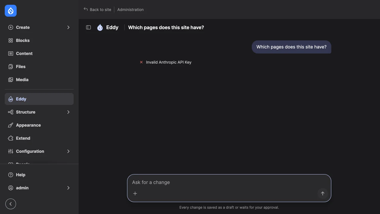 A chat whose first message failed: "Invalid Anthropic API Key".