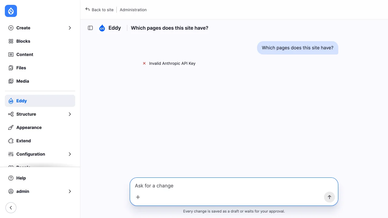 A chat whose first message failed: "Invalid Anthropic API Key".