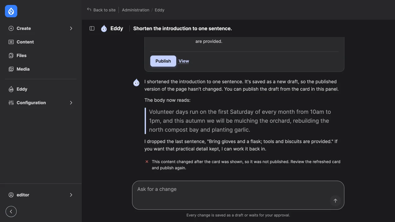 The draft comparison card after Publish was refused: "This content changed after the card was shown, so it was not published."