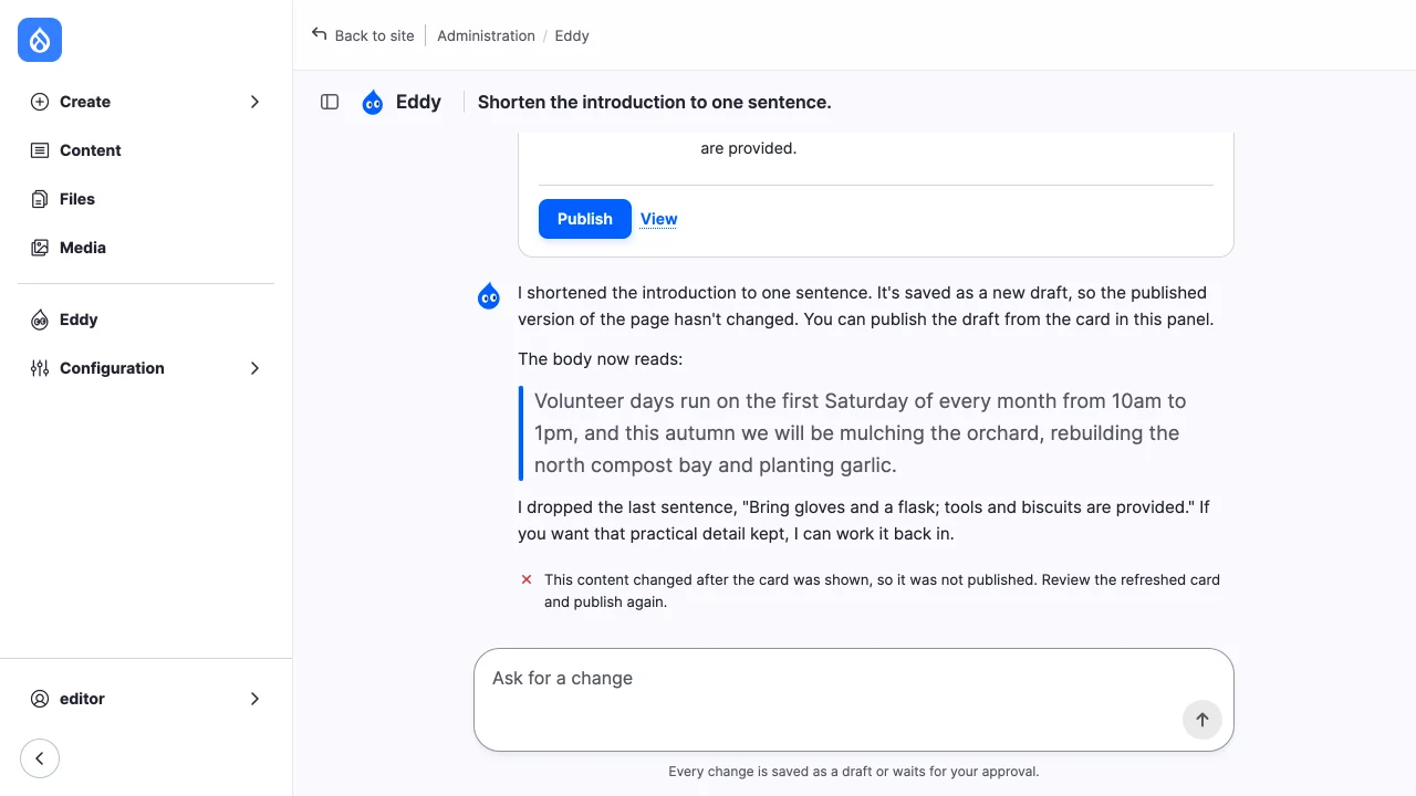 The draft comparison card after Publish was refused: "This content changed after the card was shown, so it was not published."