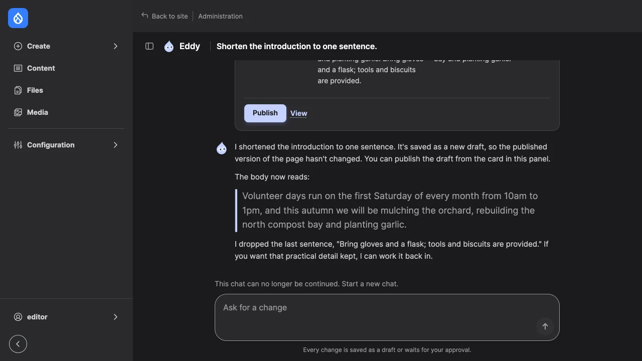 A chat opened after its toolset was disabled: "This chat can no longer be continued."