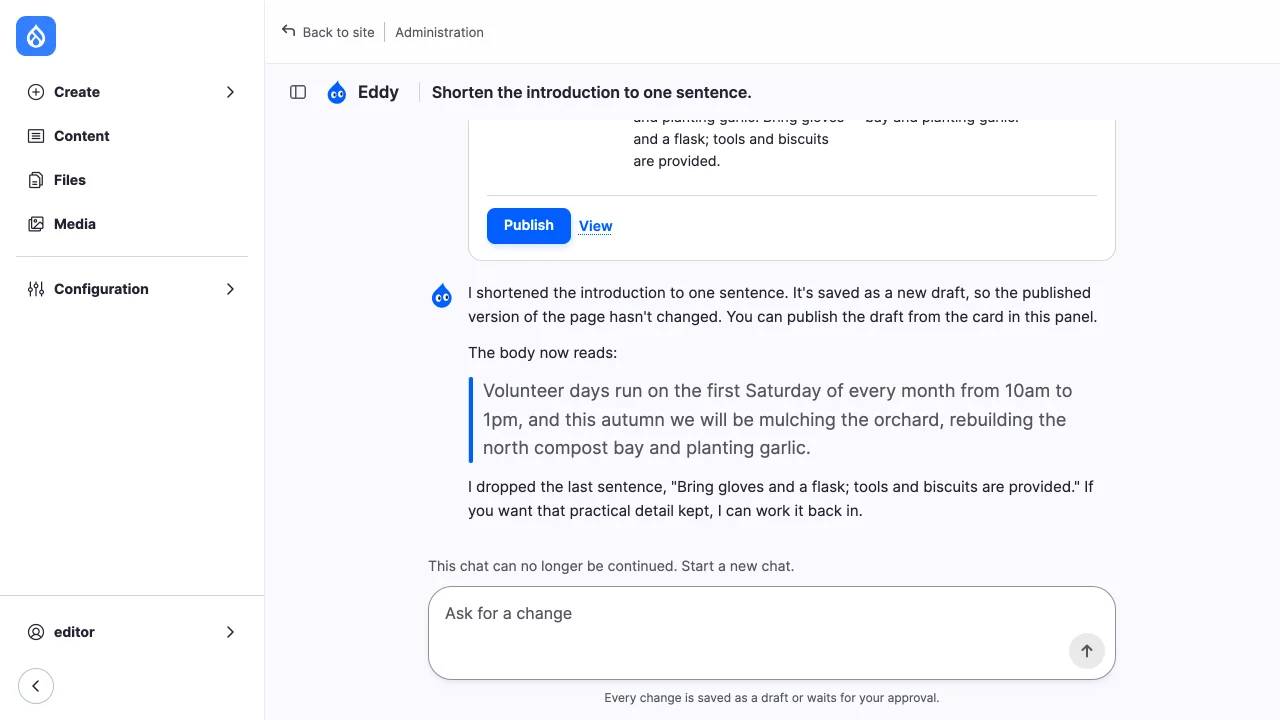 A chat opened after its toolset was disabled: "This chat can no longer be continued."