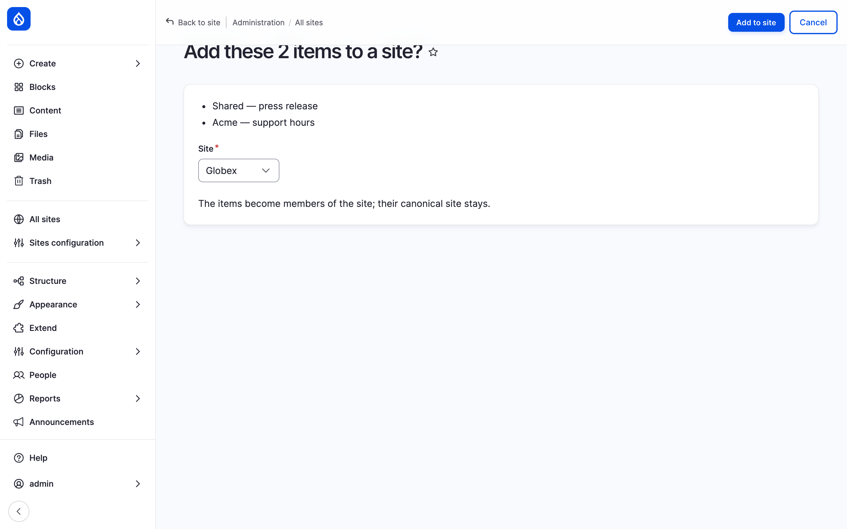 The confirmation of Add to site for two articles on the hub: the two titles, Globex chosen under Site, and Add to site in the top bar.