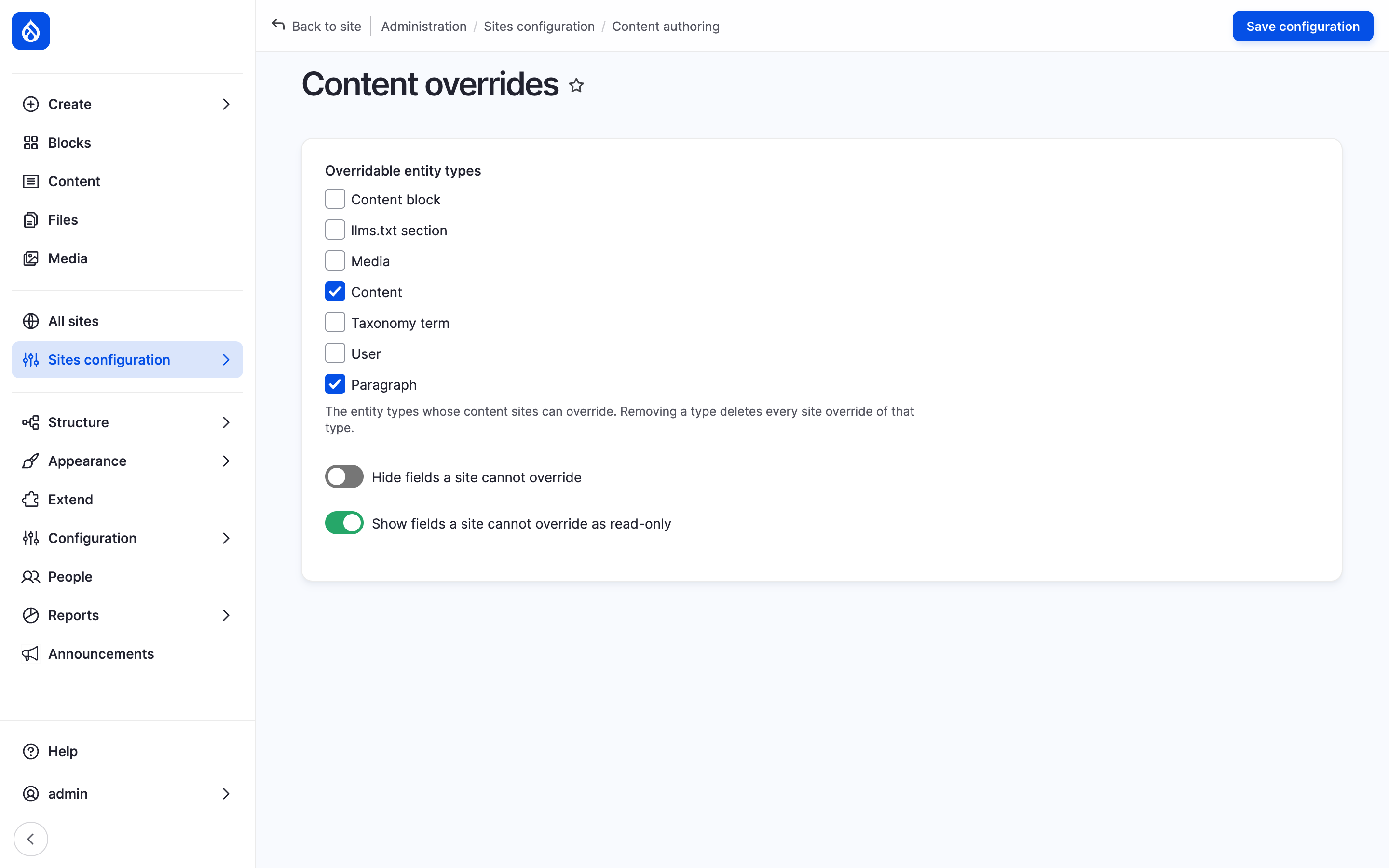 The Content overrides form with Content and Paragraph ticked and the switches Hide fields a site cannot override and Show fields a site cannot override as read-only.