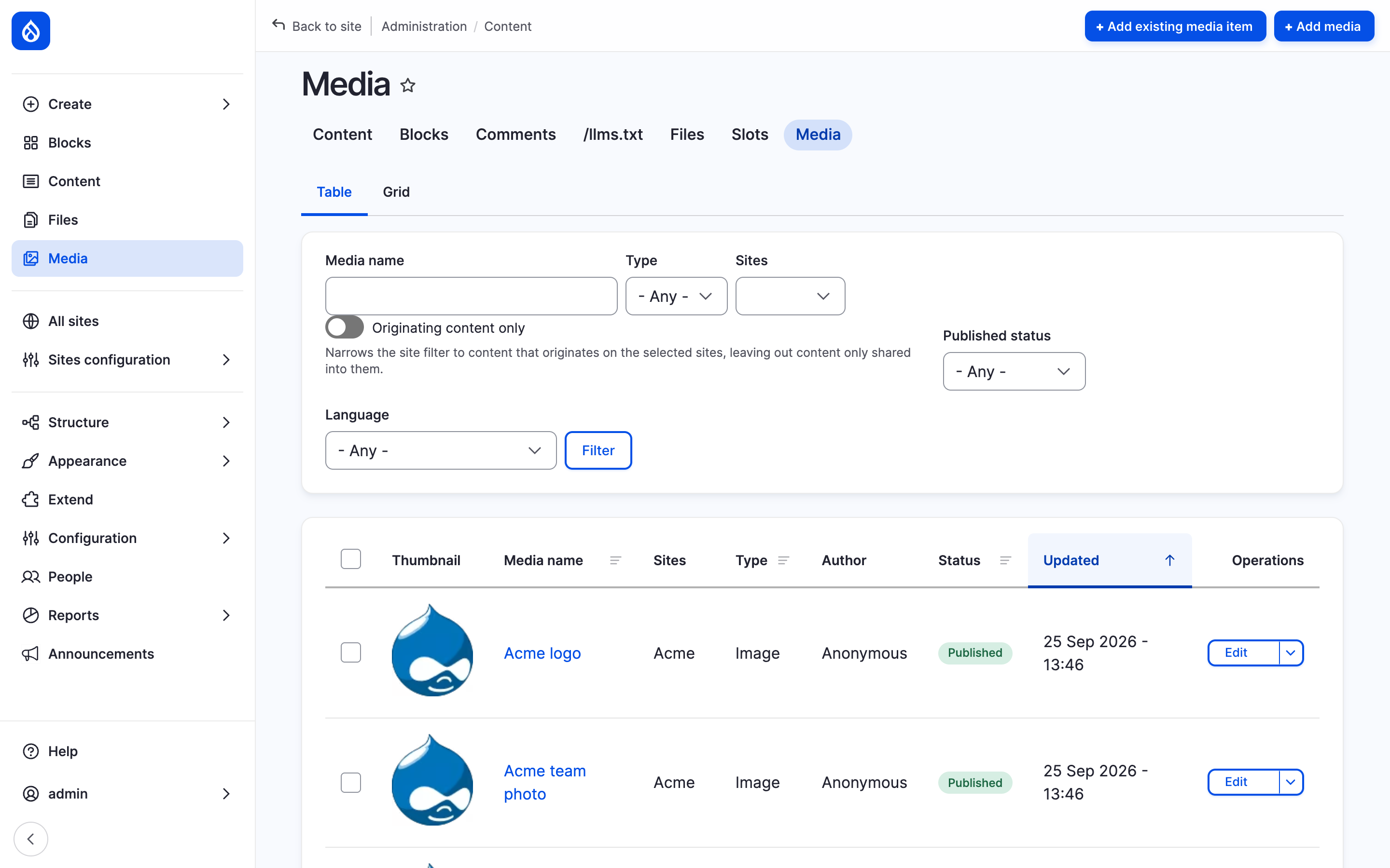 The media overview with a Sites filter above the table and a Sites column in it.
