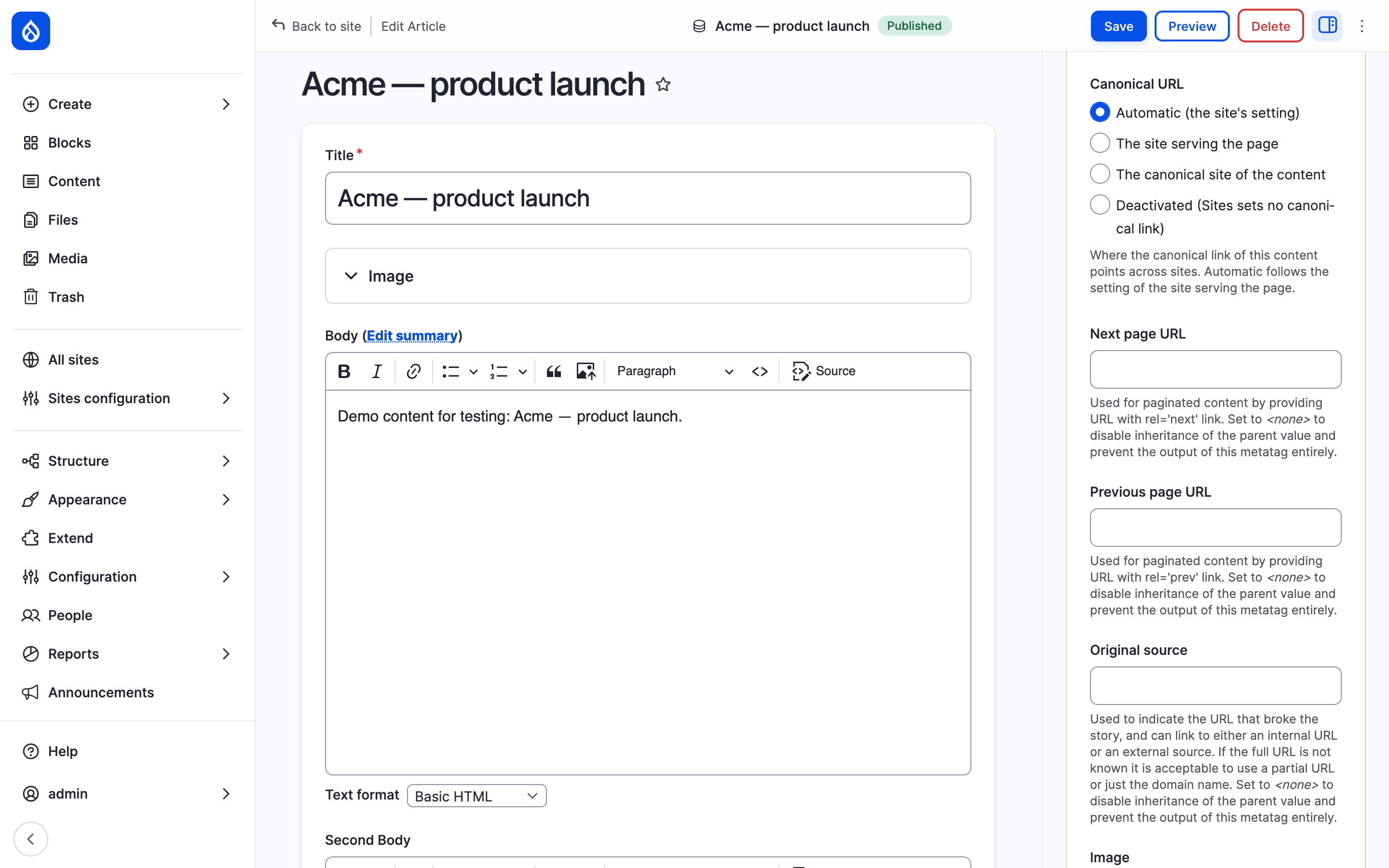 The sidebar of an article form, scrolled to the Canonical URL choices in the Advanced group of the meta tags field: Automatic (the site's setting), The site serving the page, The canonical site of the content and Deactivated (Sites sets no canonical link).