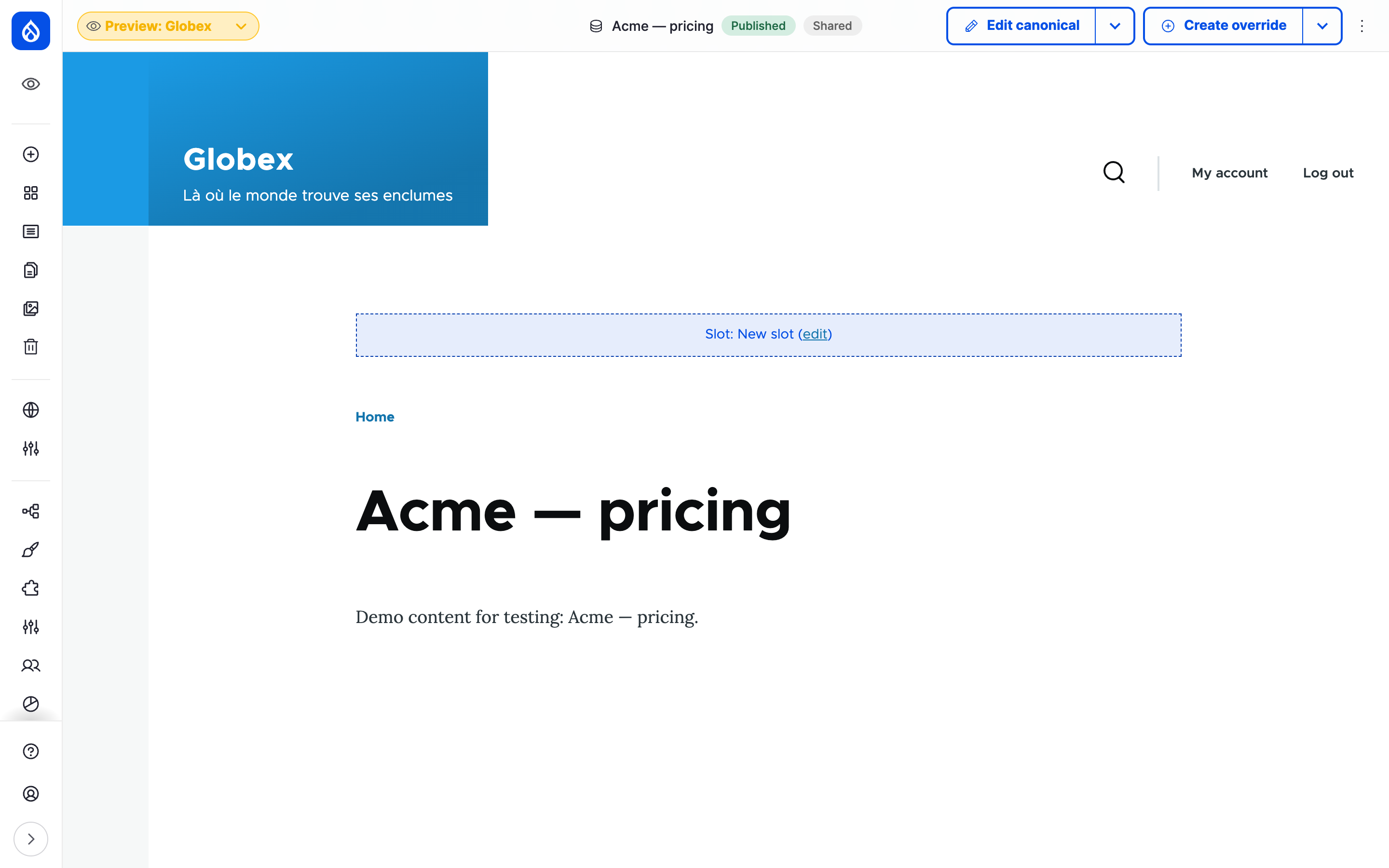 A page of Acme shared with Globex, previewed on Globex: the top bar shows the Shared badge, Edit canonical and Create override.