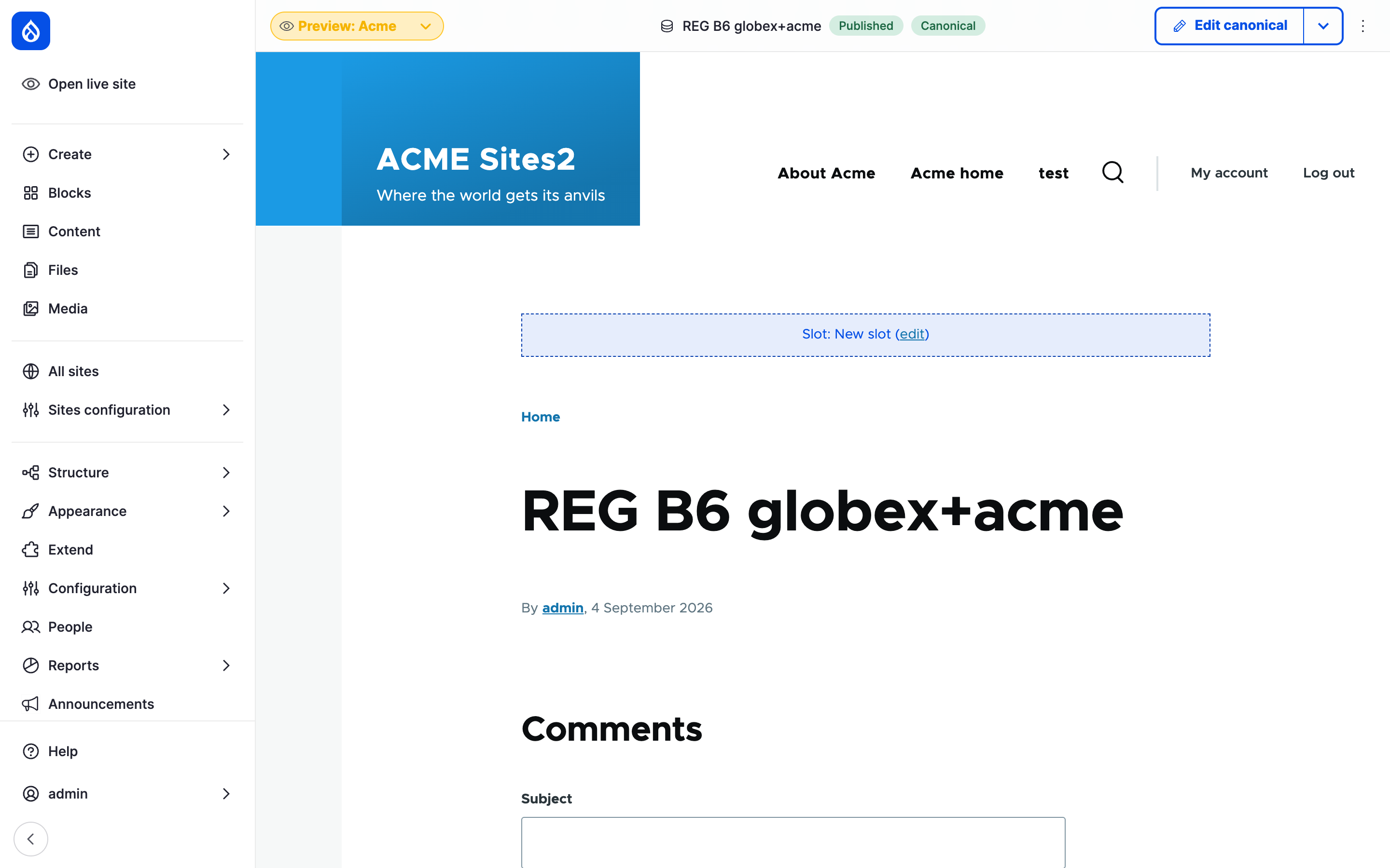 A content page previewed on Acme: the top bar shows Preview: Acme as a list of sites, the sidebar shows Open live site.