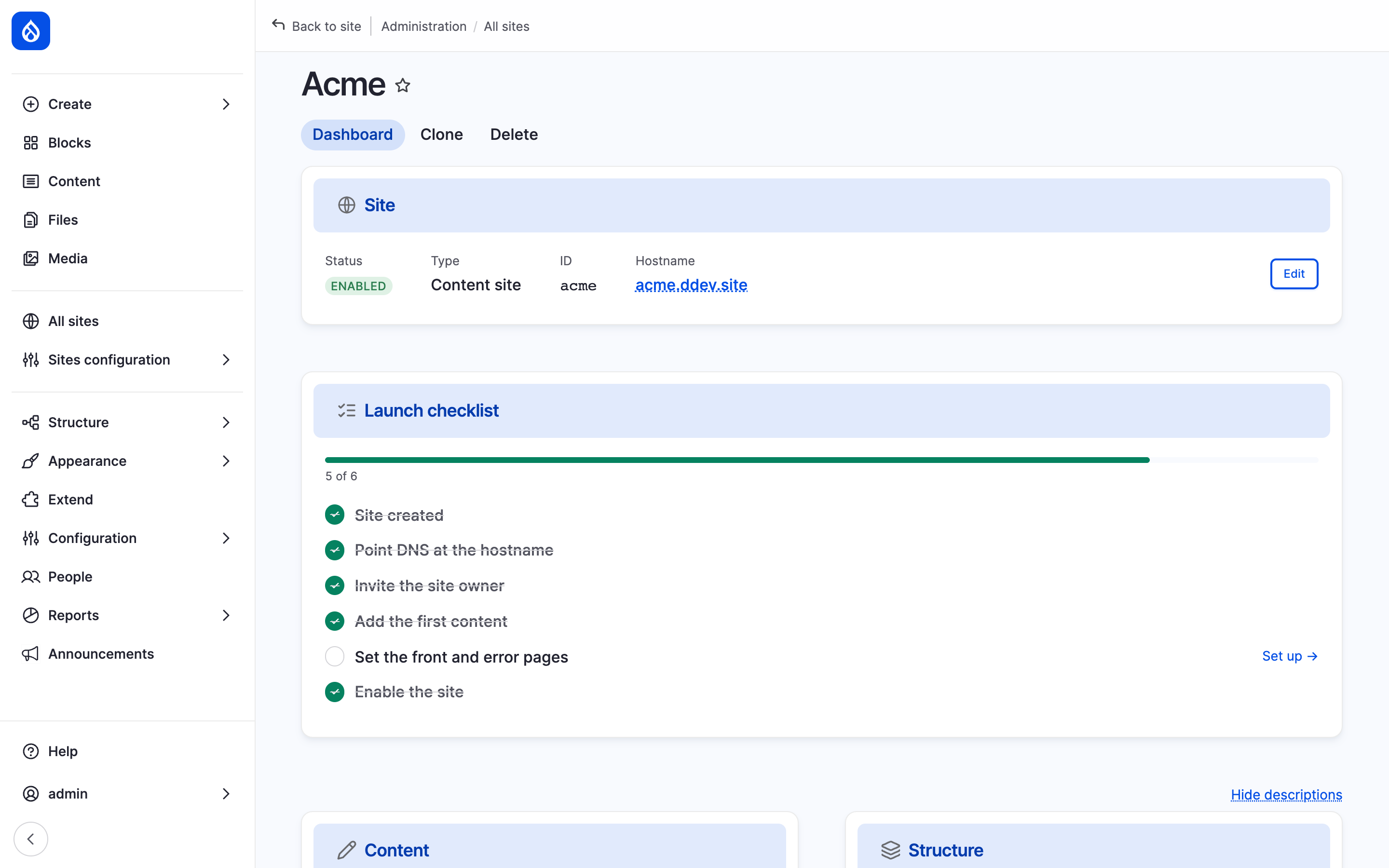 The dashboard of the site Acme: the Site panel with status, type, ID and hostname, then the launch checklist.