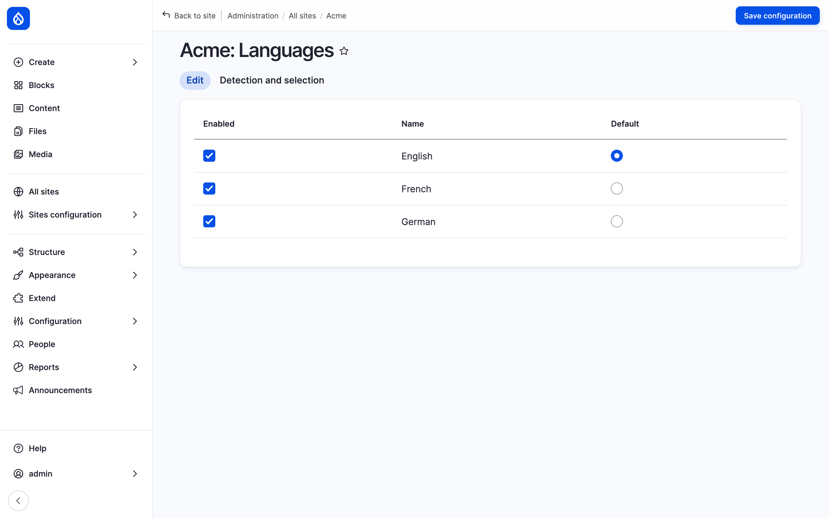 The Languages section of Acme with English, French and German enabled and English as default.