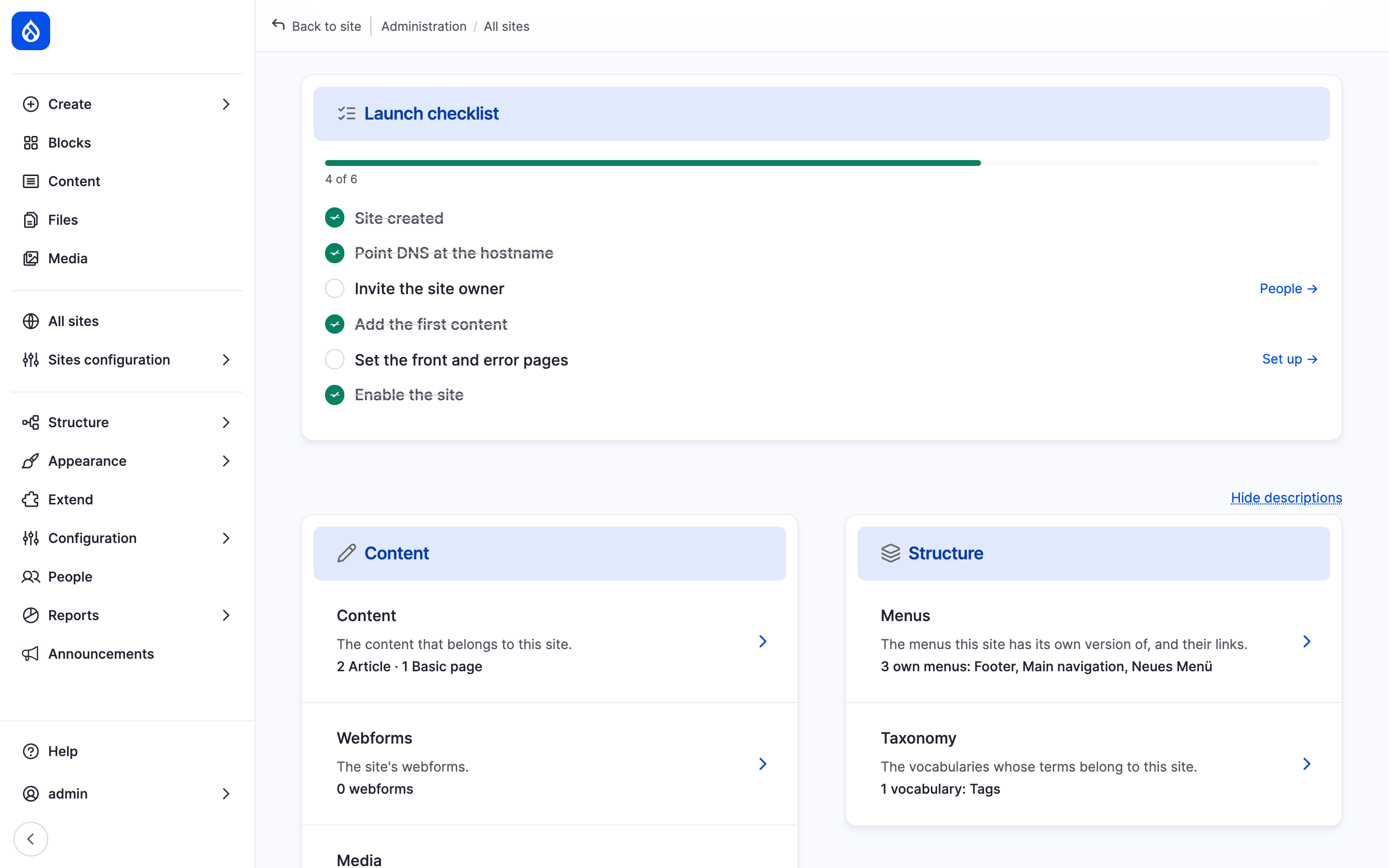 A launch checklist at 4 of 6, with Invite the site owner and Set the front and error pages still open.