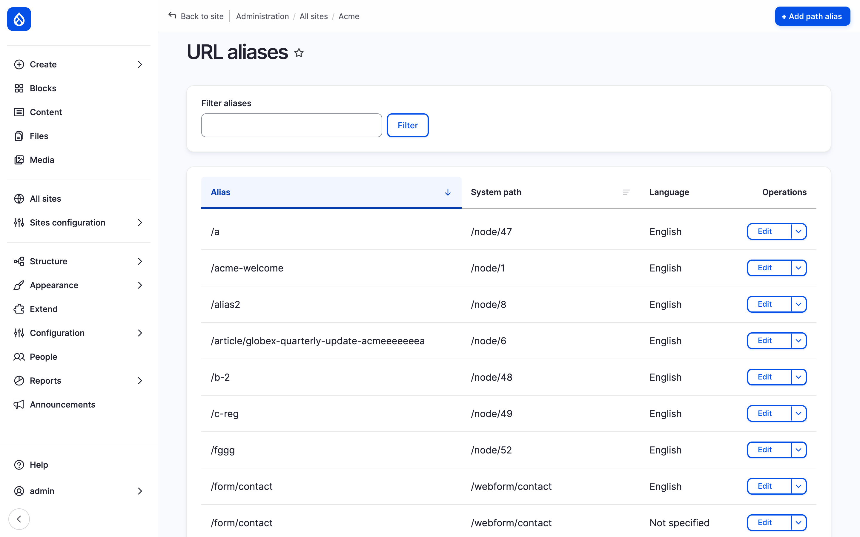 Acme's URL aliases section with the alias filter, the list of aliases and the Add path alias button.