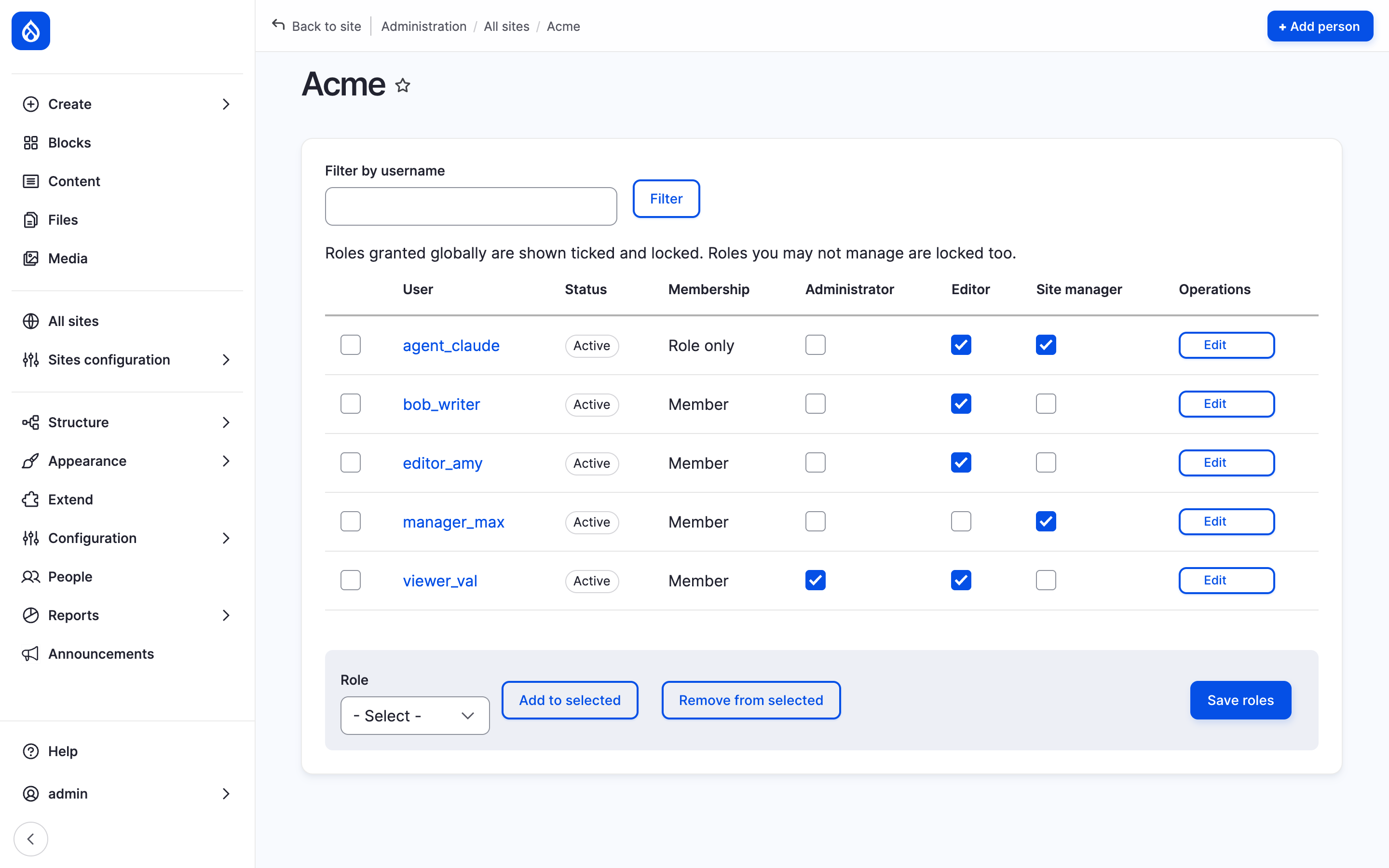 The People page of Acme listing five accounts with their membership and a column each for Administrator, Editor and Site manager.
