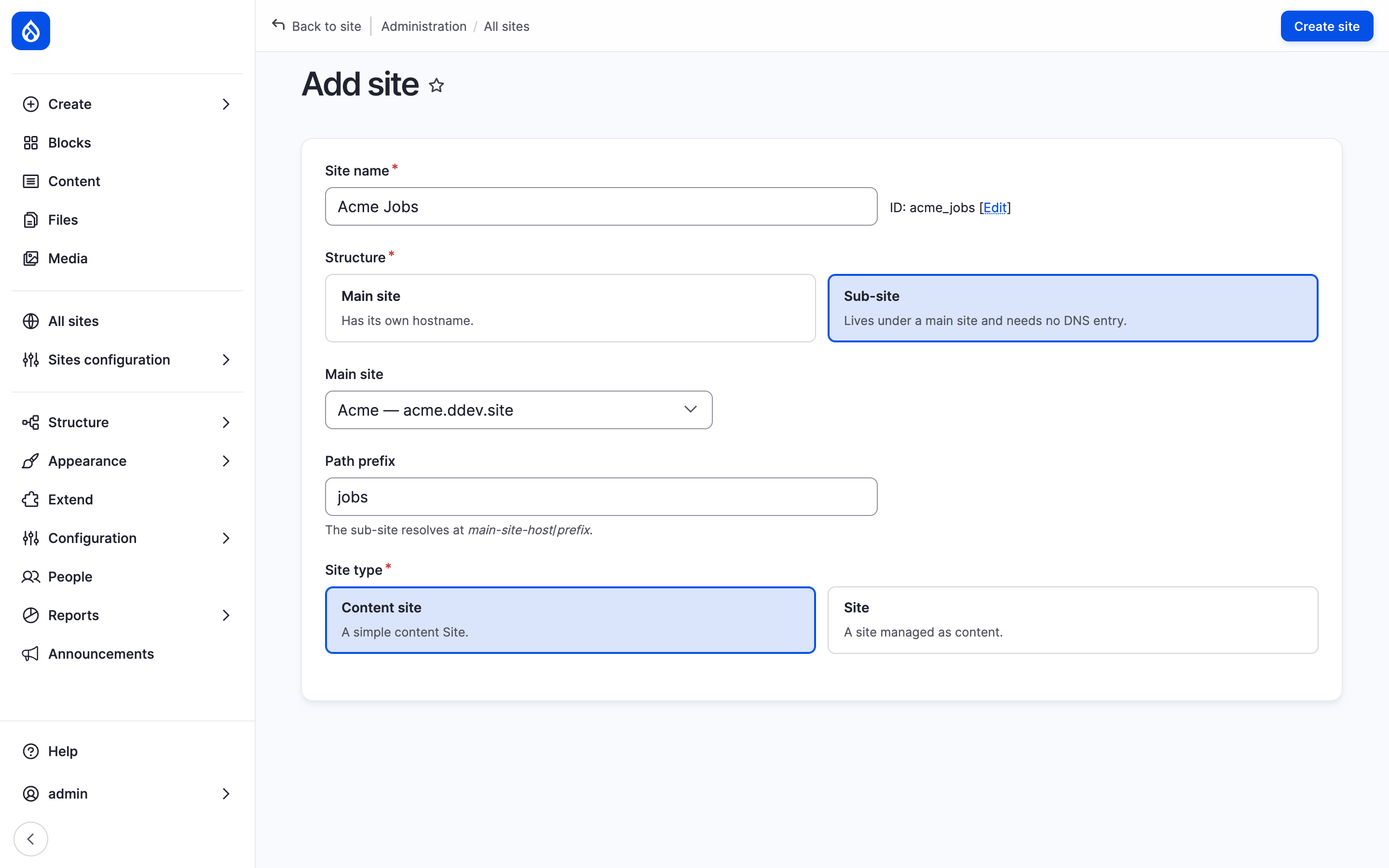 The Add site form for Acme Jobs with Sub-site chosen, Acme as Main site, jobs as Path prefix and Content site as site type.