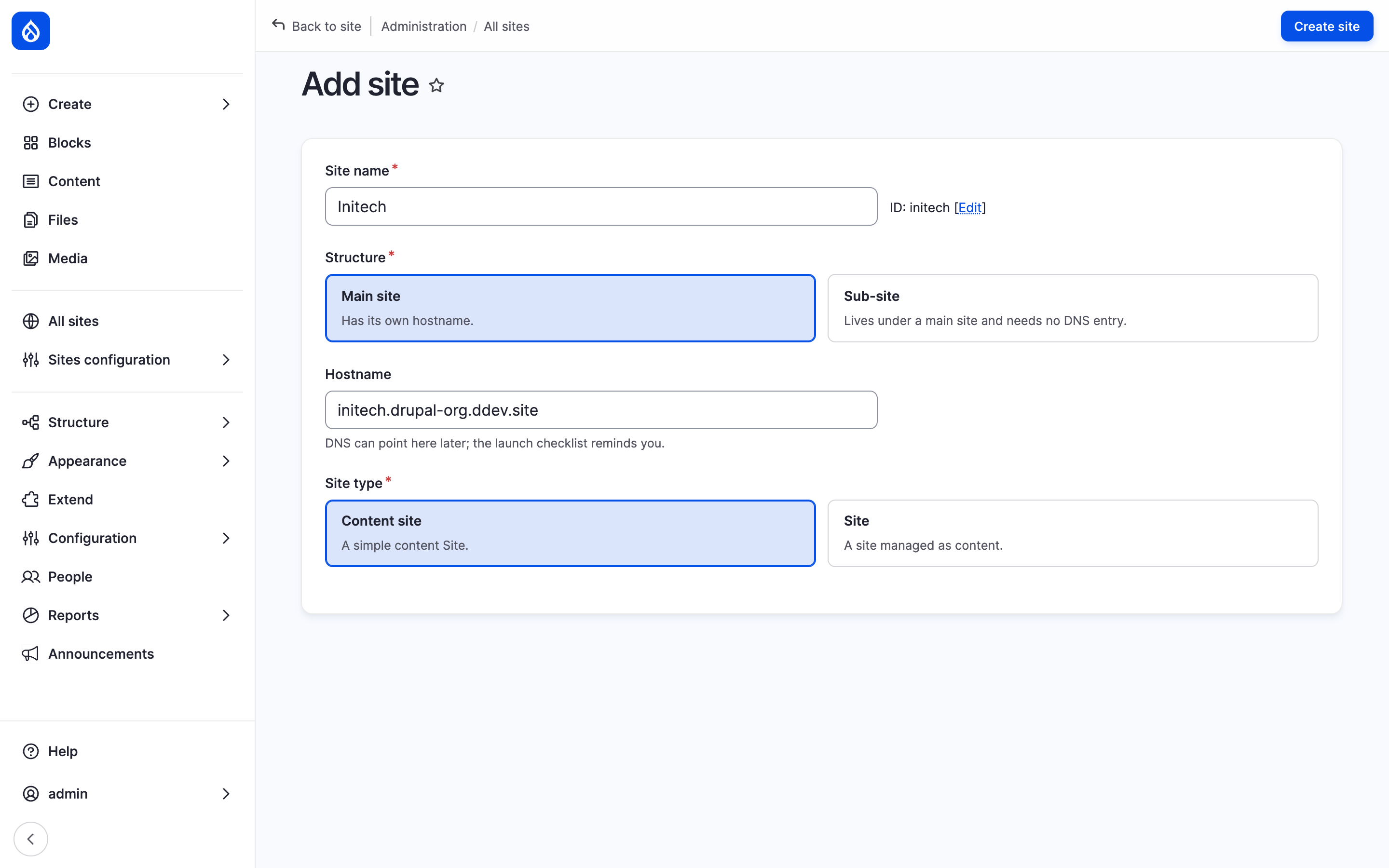 The Add site form for Initech with Main site chosen, the proposed hostname and Content site as site type.