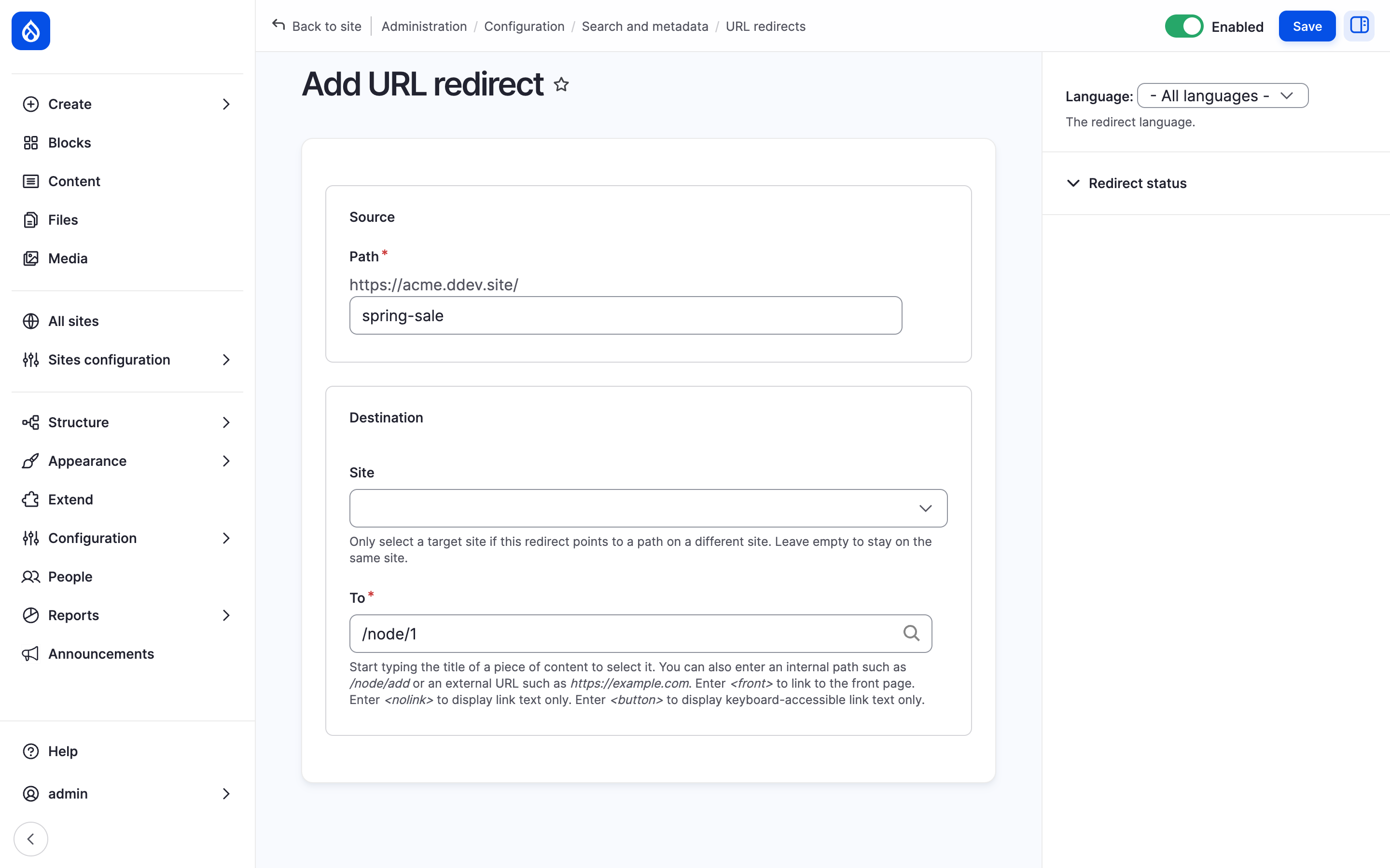 The Add URL redirect form of Acme with spring-sale as Path after the site's address and /node/1 under To.