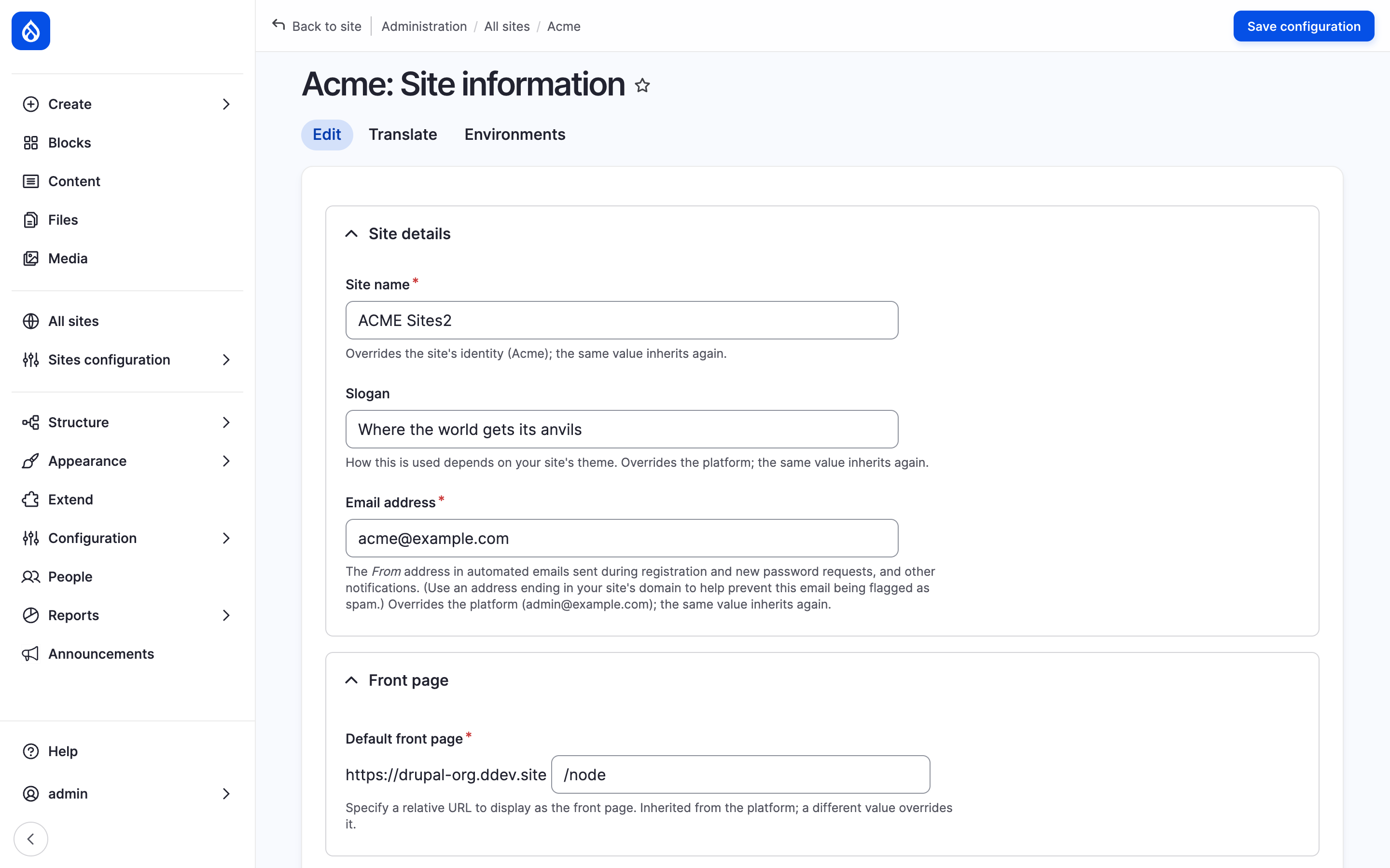 The Site information section of Acme with the Edit, Translate and Environments tabs and a hint under Site name.