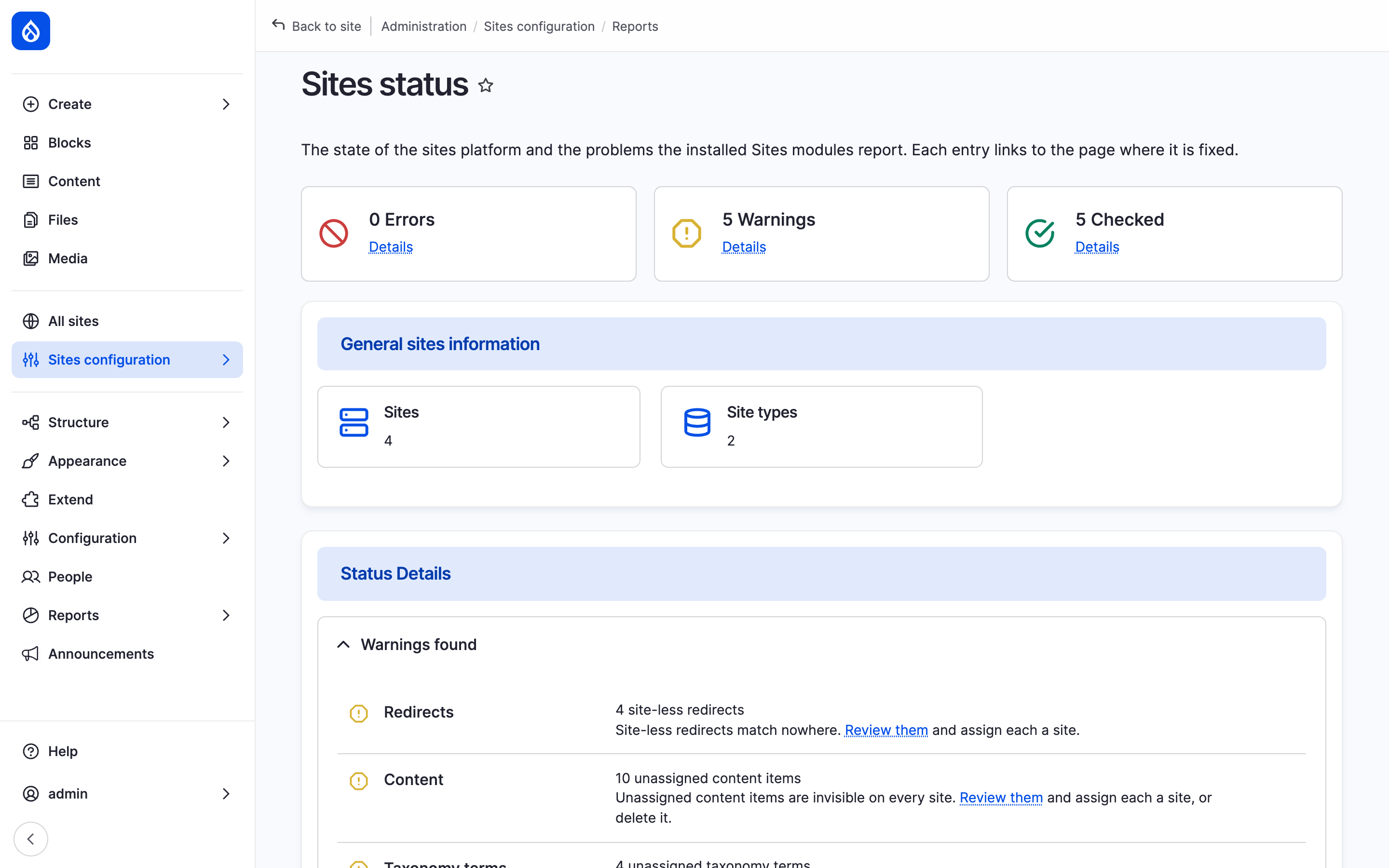 The Sites status report with counters for errors, warnings and passed checks, the number of sites and site types, and the first warnings.