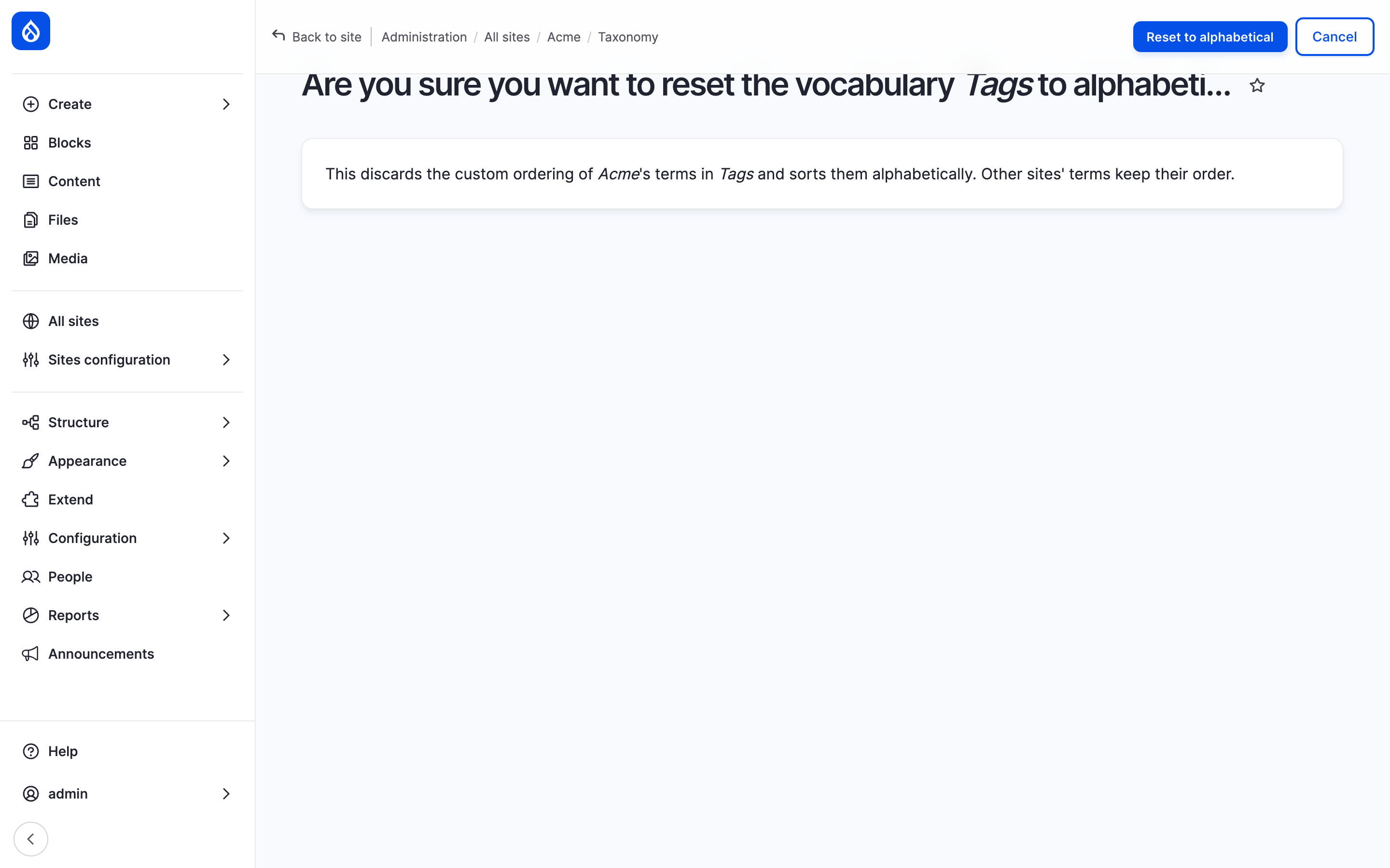 The confirmation page of Reset to alphabetical for the vocabulary Tags on the site Acme.
