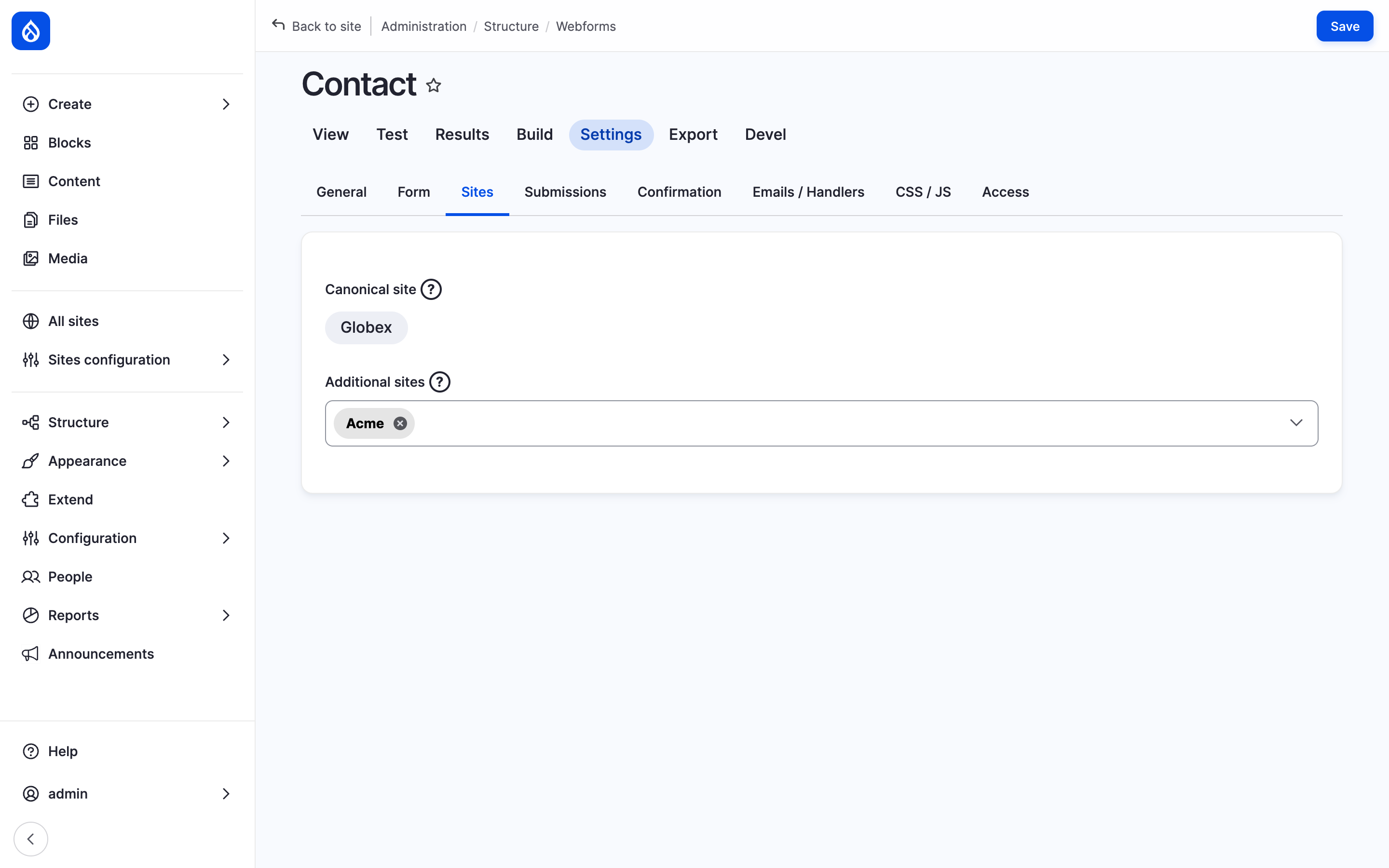 The Sites tab of the Contact webform's settings with Globex as locked canonical site and Acme under Additional sites.