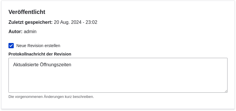 Revisions-Informationsbereich der Inhaltsbearbeitungsseite
