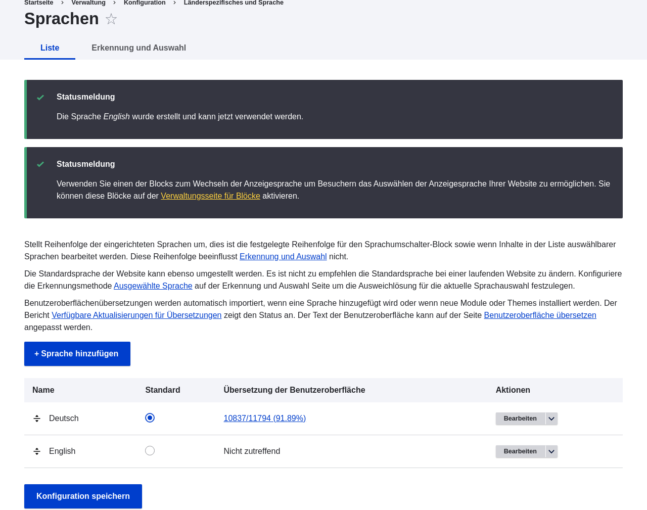 Liste der verfügbaren Sprachen auf der Website