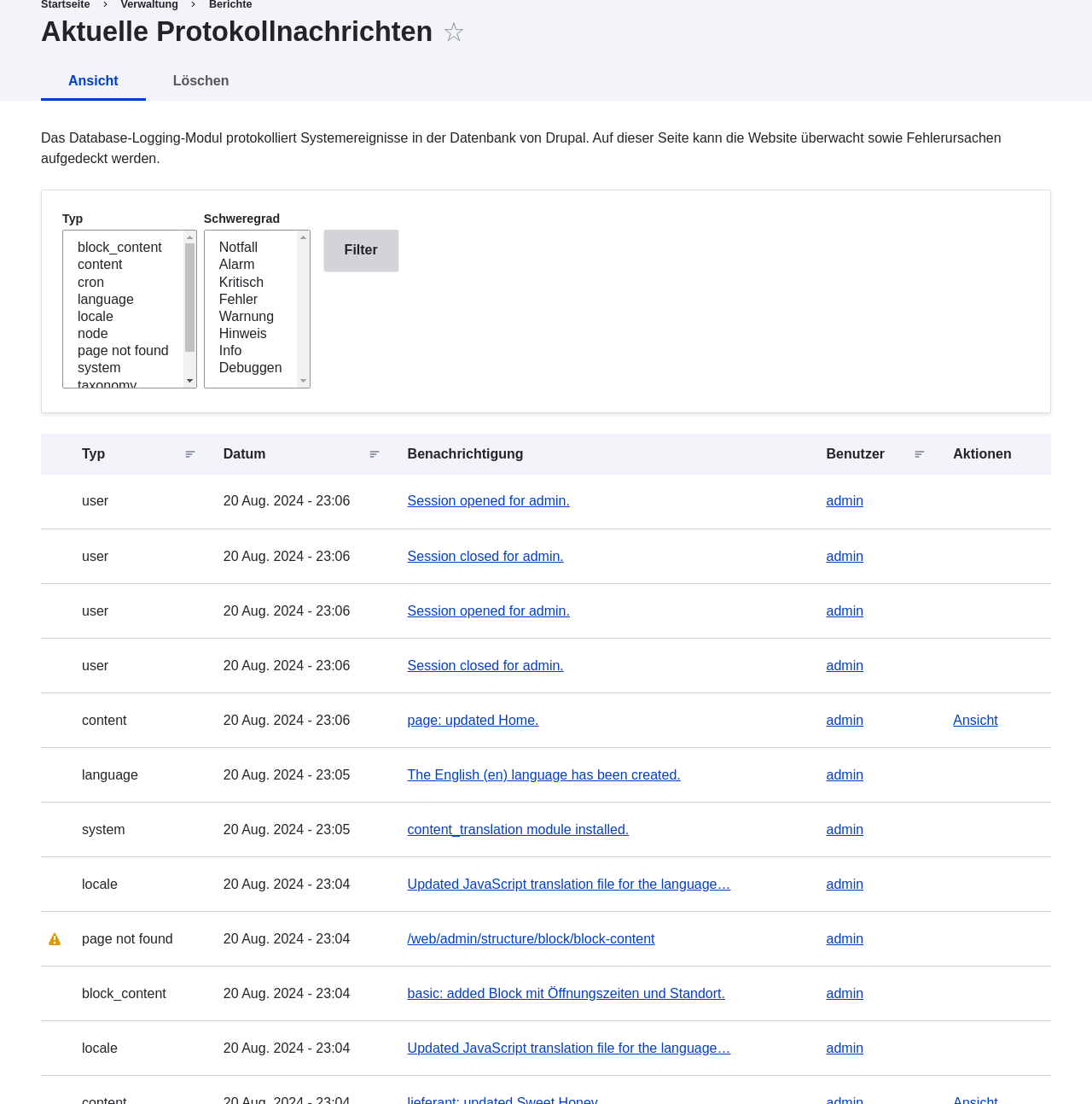 Neueste Logmeldungen einer Basis-Site