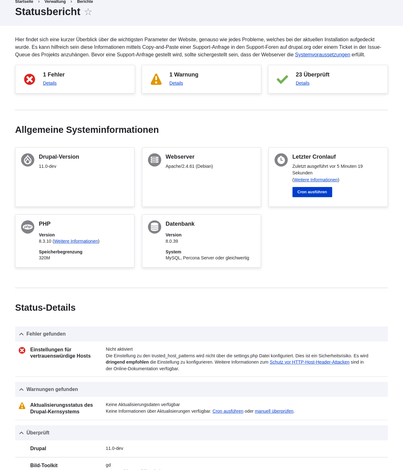 Status report of a basic site