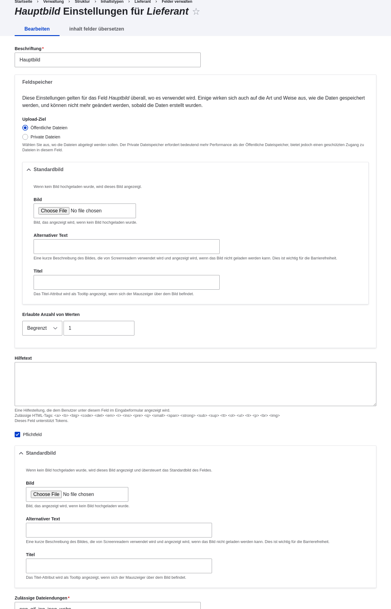Field settings page for Main Image