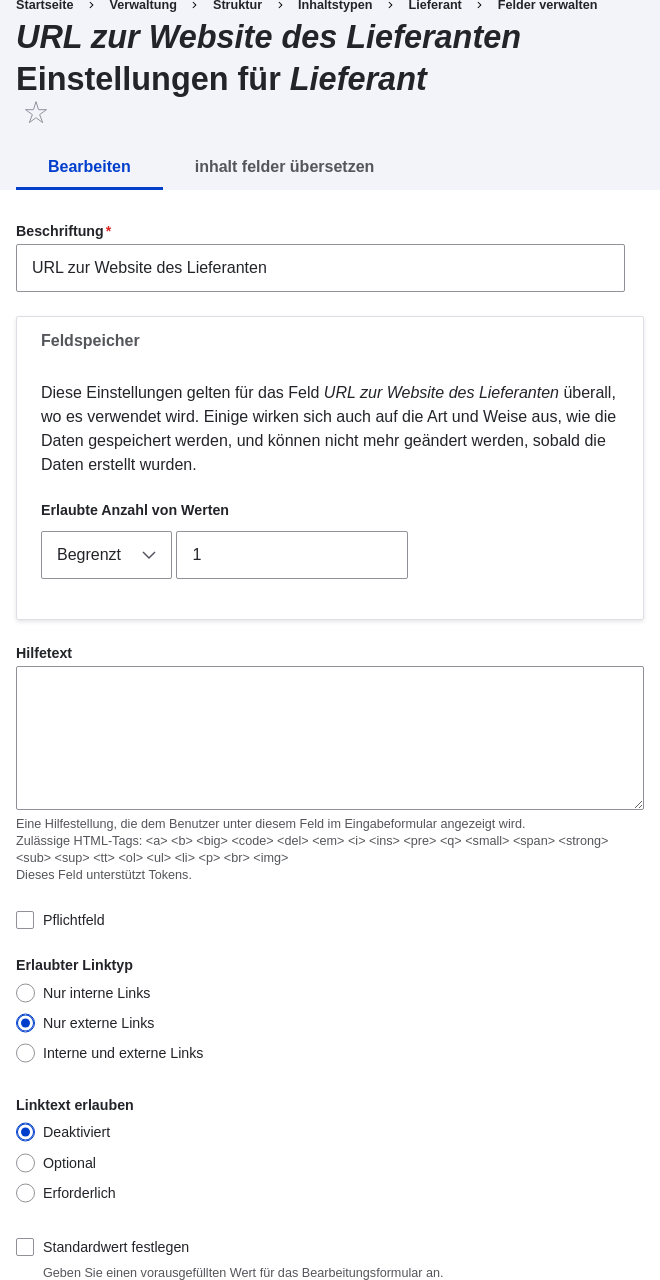 Field settings page for Vendor URL