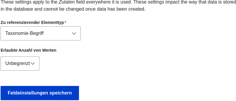 Field storage settings for Ingredients field