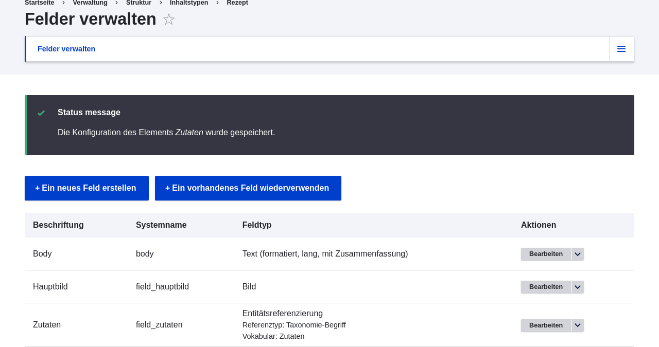 Manage fields page for Recipe content type