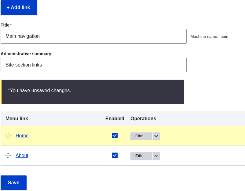 Reordered menu links with warning message about unsaved changes and the _Save_ button