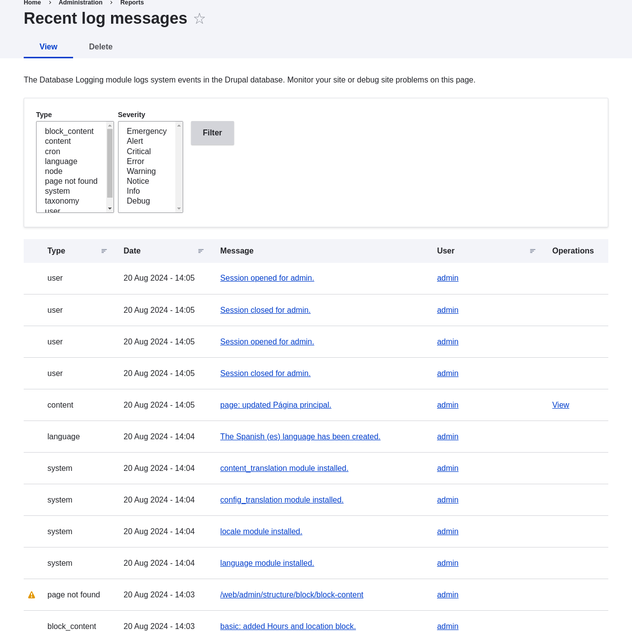Recent log messages of a basic site
