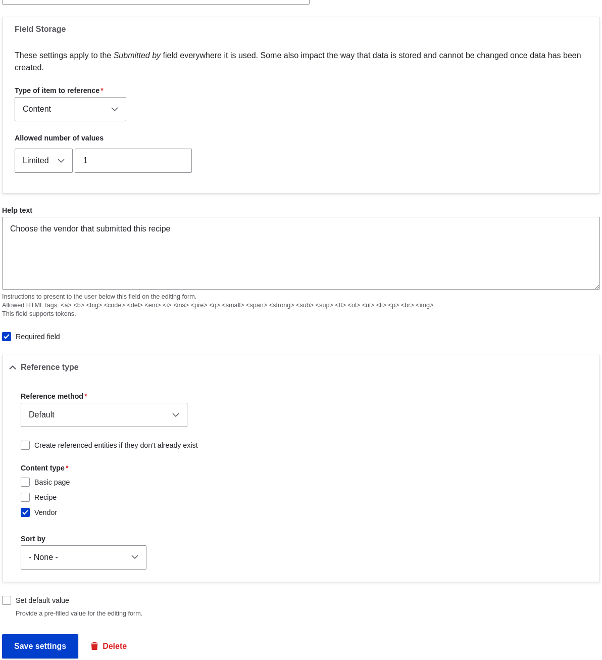 Settings for a reference field 