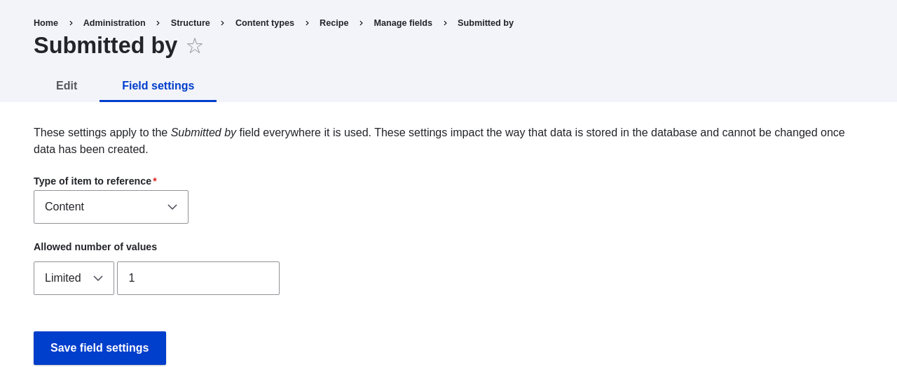 Storage configuration of a reference field 