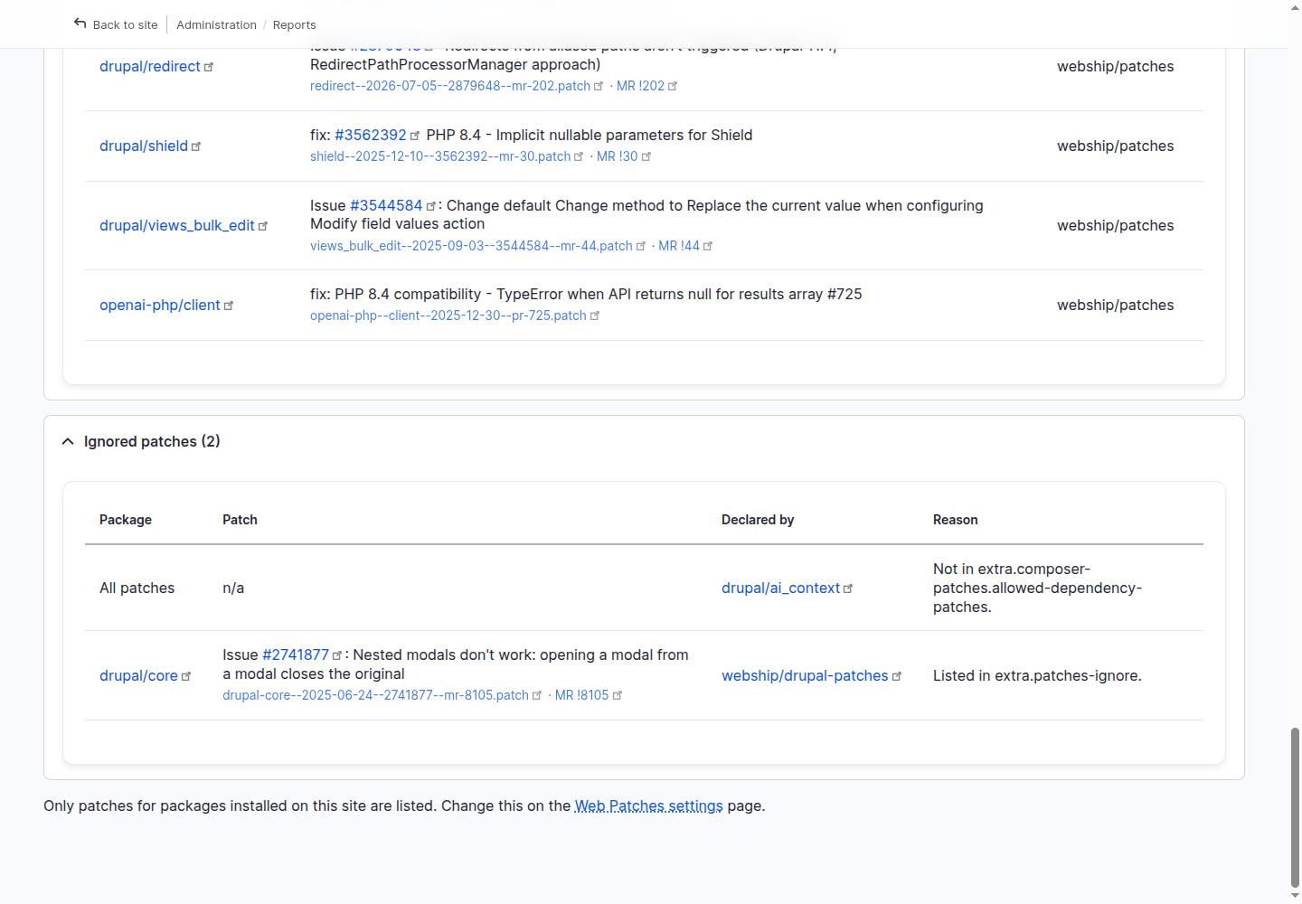 Ignored patches: all of ai_context's patches blocked by the allowlist, and one Drupal core patch dropped by patches-ignore