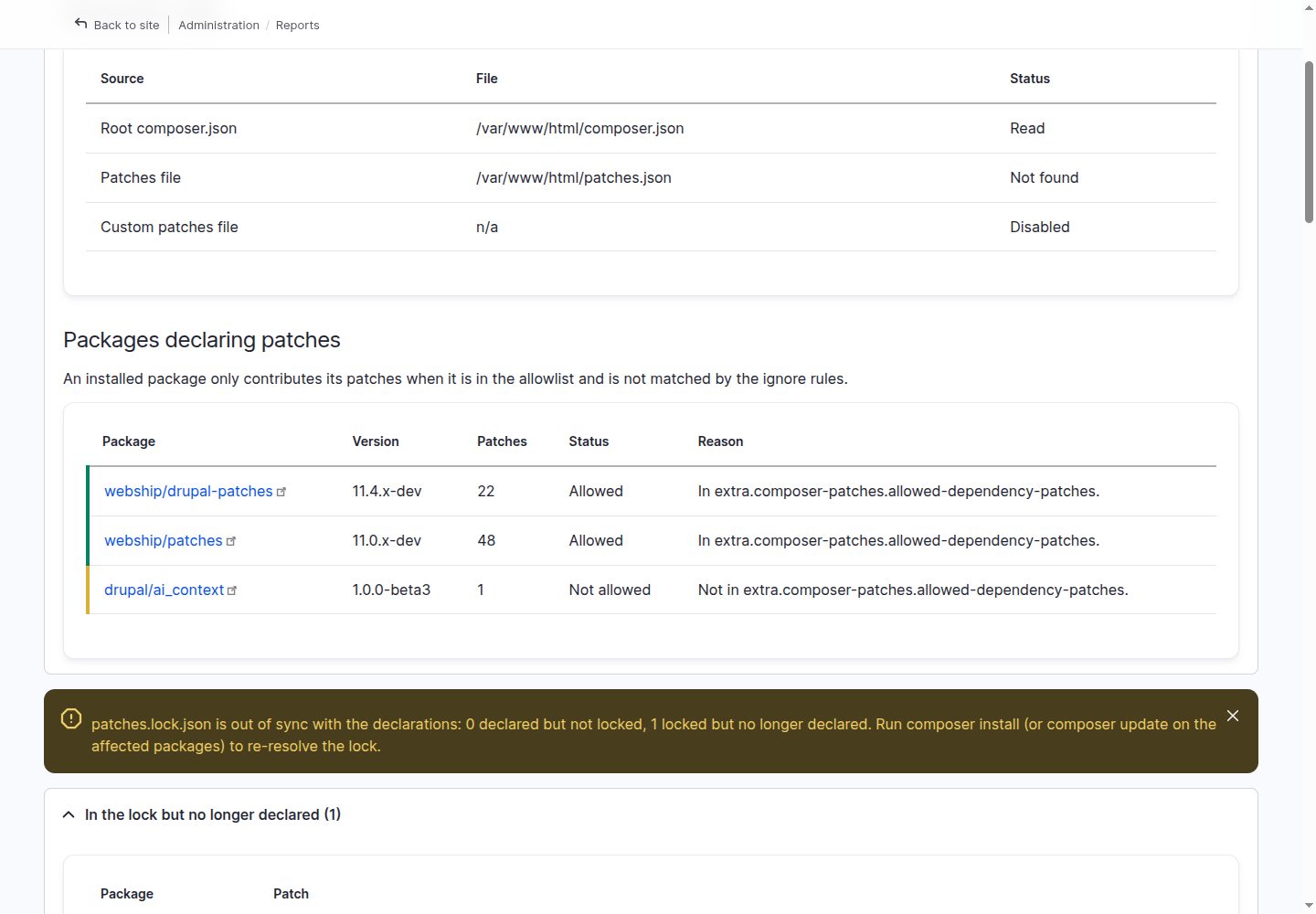 drupal/ai_context listed as Not allowed, with the out-of-sync lock warning below